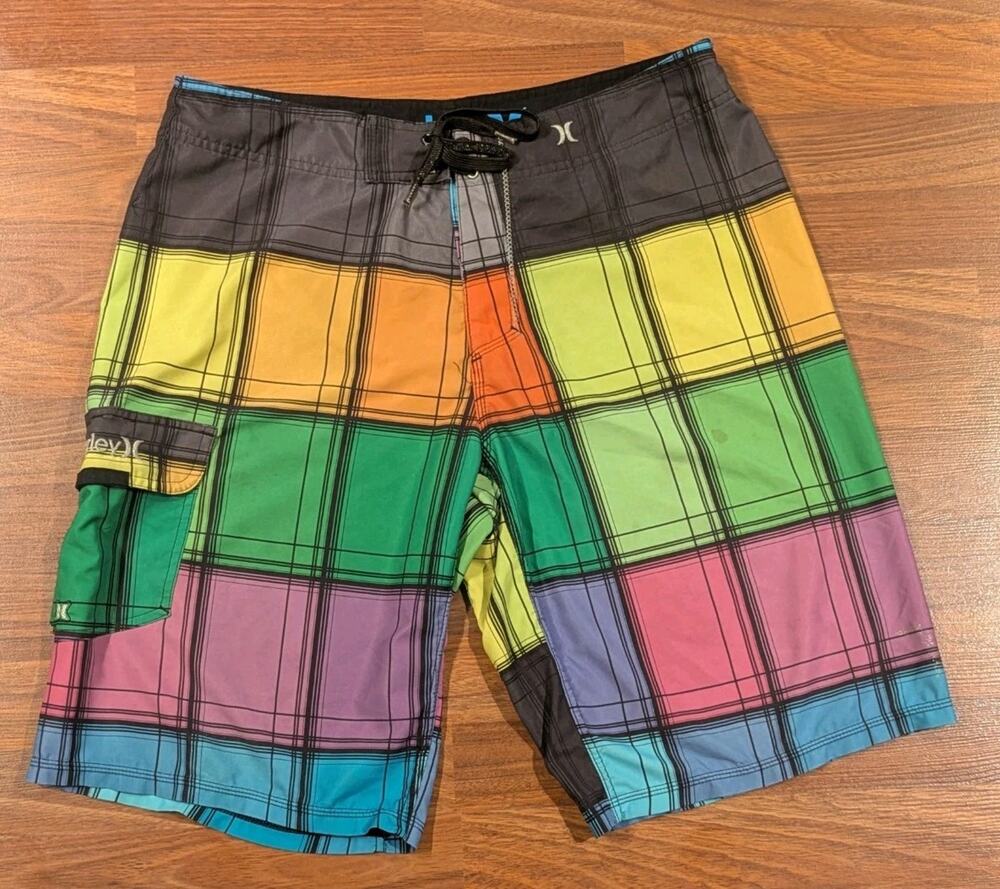 Hurley Mens 36 Board Shorts Rainbow Plaid Surf Swim Trunks Y2K Colorful